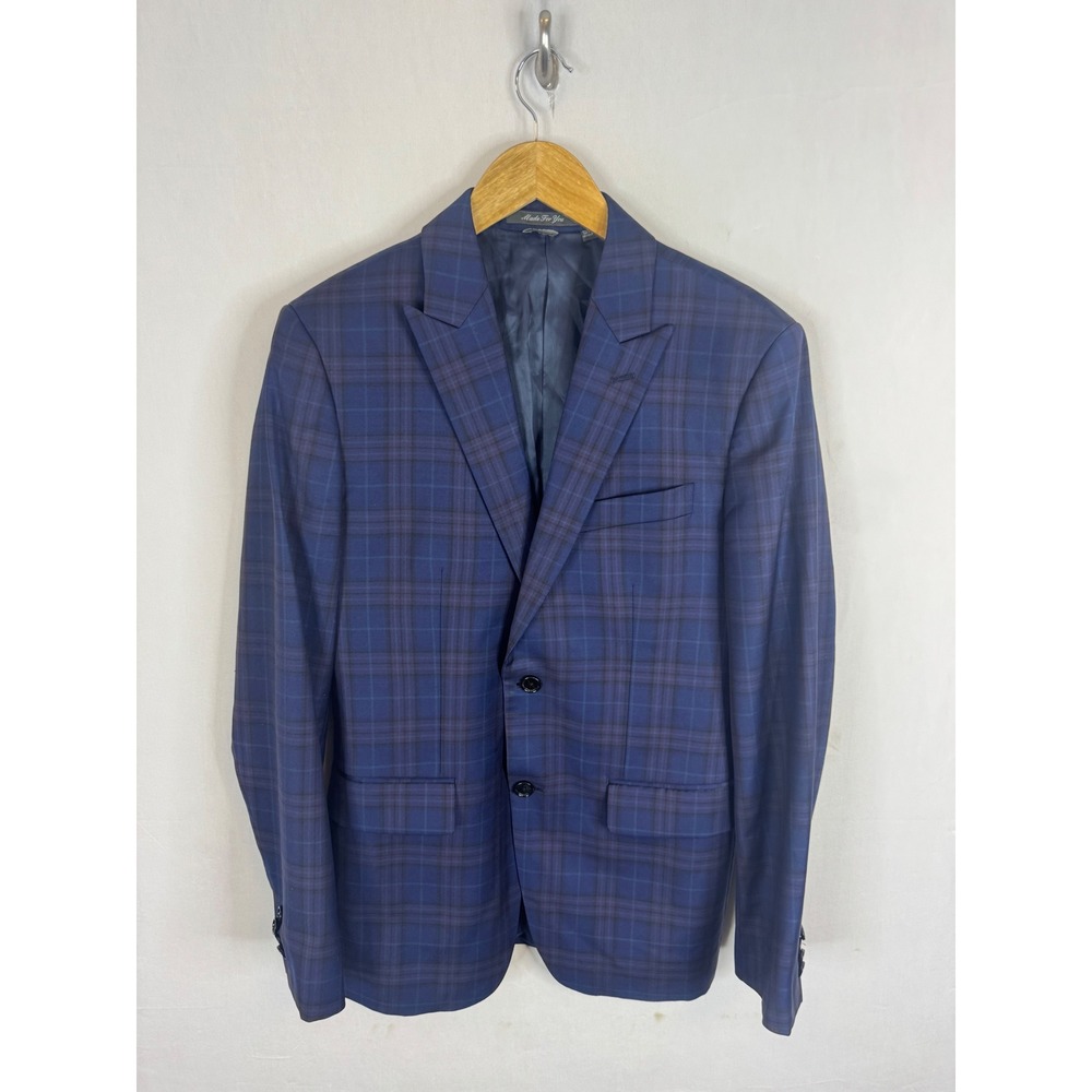 Indochino Mens 36 Navy‎ Blue Plaid 100% Wool Peak 2-Button Blazer Suit Jacket